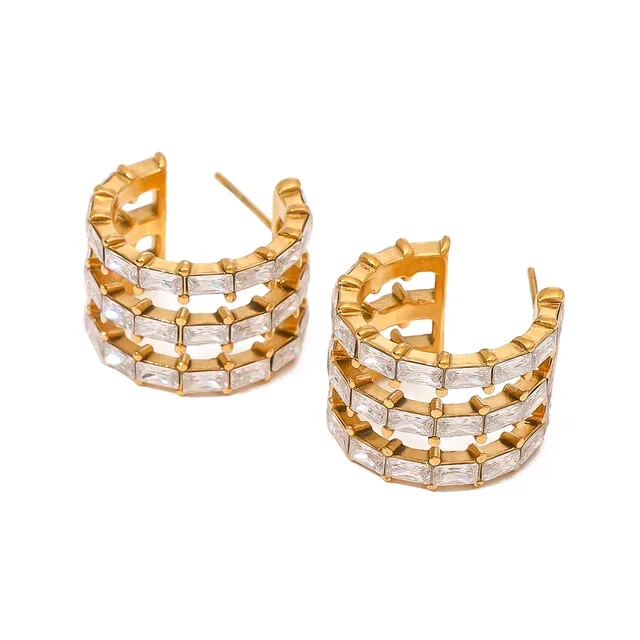 Women teardrop earrings -Golden Stripes Stone Stud Earrings