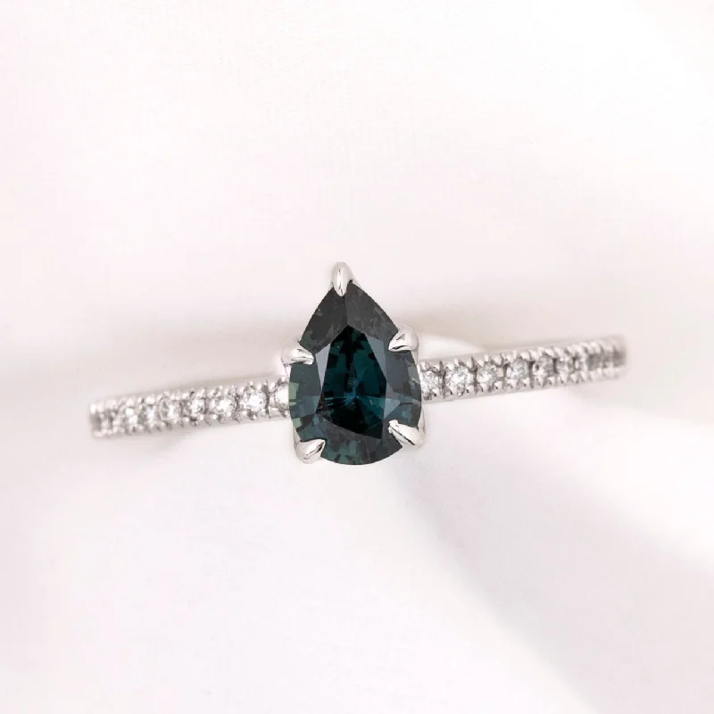 Elegant engagement rings for women -Maria Ring 0.81ct Blue Green Madagascar Sapphire, 14k White Gold (One of a kind)