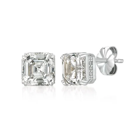 Women gemstone stud earrings -Crislu Platinum Plated Sterling Silver Asscher Cubic Zirconia Earrings