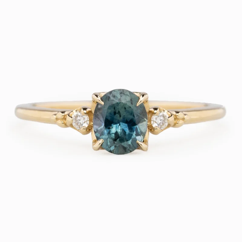 Boho engagement rings for women -Estel Ring 6x5mm 0.95ct Blue Green Oval Montana Sapphire, 14k Yellow Gold