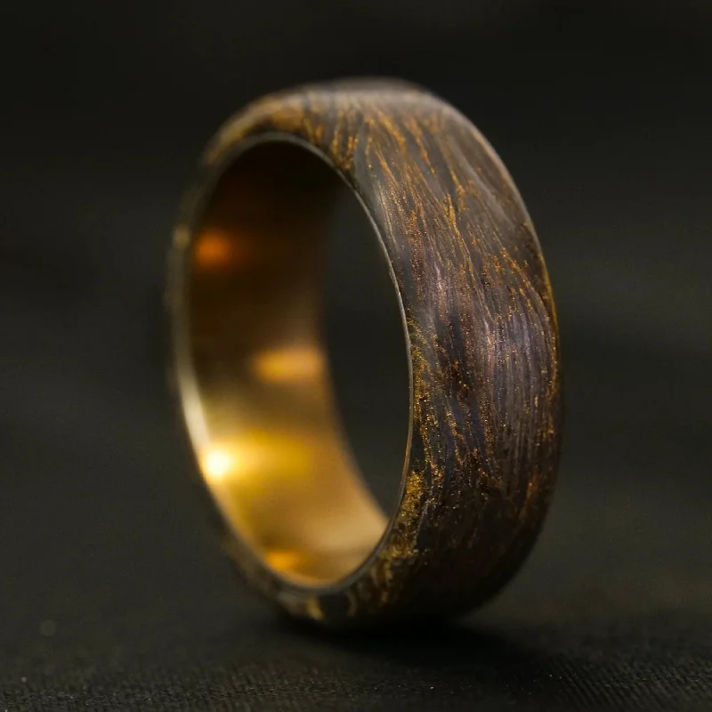 Women solitaire rings -Gold Burl Carbon Fiber Ring with Bronze Titanium Liner