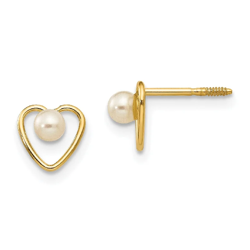 Women diamond stud earrings -14KT Yellow Gold 3MM Round Pearl 6MM Heart Childrens Birthstone Stud Earrings