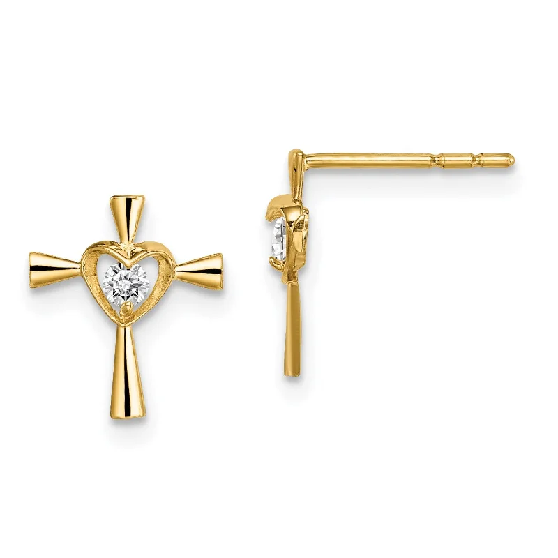 Women gold-plated earrings -14KT Yellow Gold Cubic Zirconia Childrens Heart Cross Stud Earrings