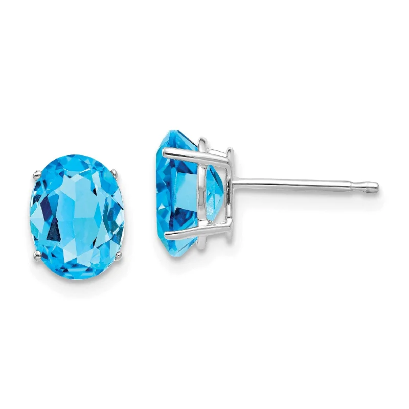 Women lightweight earrings -8X6MM Oval Swiss Blue Topaz Stud Earrings in 14KT White Gold