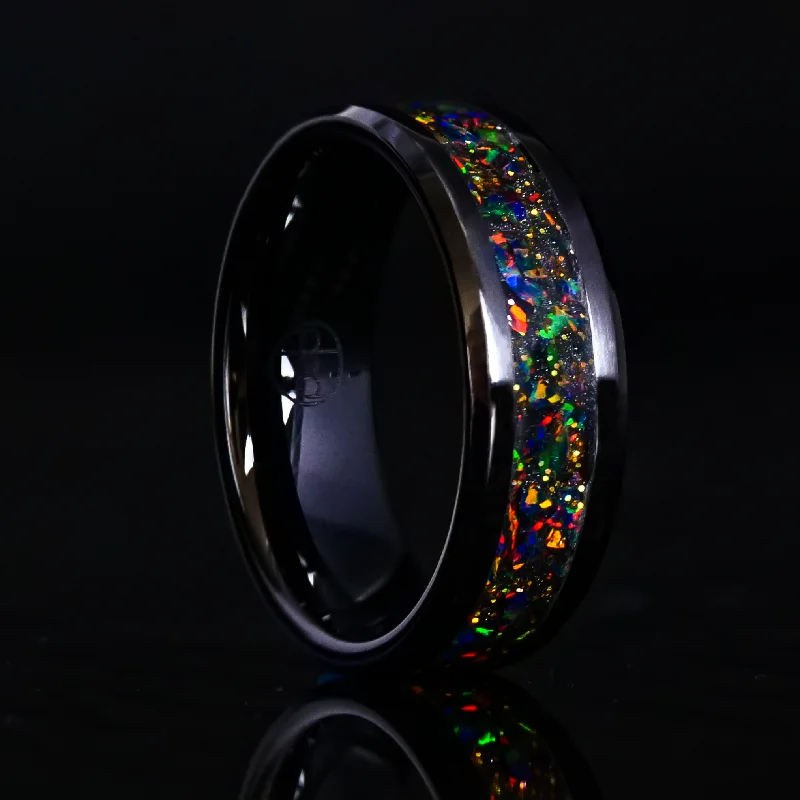 Women classic rings -Radiant Black Fire Opal Glowstone Ring on Black Ceramic