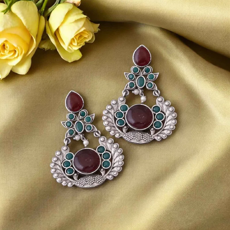 Women cubic zirconia earrings -Maroon Rudri Oxidised Danglers