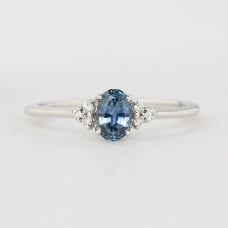 Stackable gold engagement rings for women -Teresa Ring - 6x4mm 0.60ct Teal Blue Montana Sapphire, 14k White Gold