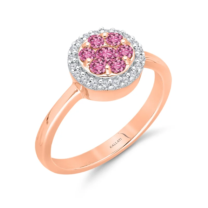 Women statement band rings -Kallati Pink Sapphire Diamond Halo Ring