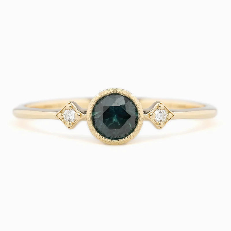 Luxury pearl engagement rings for women -Moon & Star Ring 4.5mm 0.45ct Deep teal blue Queensland Sapphire 14K Yellow Gold