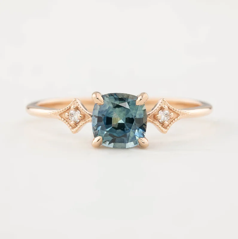 Fashionable engagement rings for women -Charlene Ring 0.92ct Blue Green Cushion Cut Montana Sapphire, 14k Rose Gold (One of a kind)