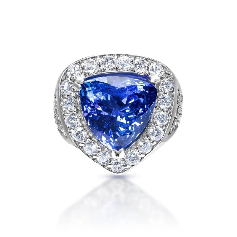 Women three-stone rings -Juliet 10 Carats Trilliant Cut Blue Tanzanite Ring Halo in 14k White Gold