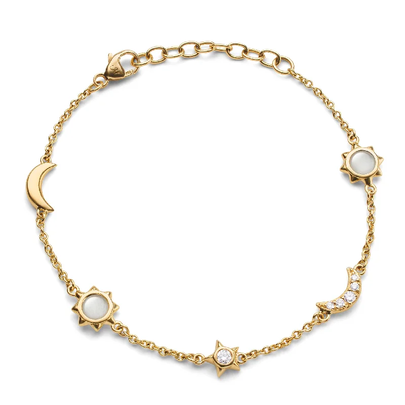 Women floral charm bangles and bracelets -Sun, Moon and Stars Diamond and Moonstone Chain Bracelet