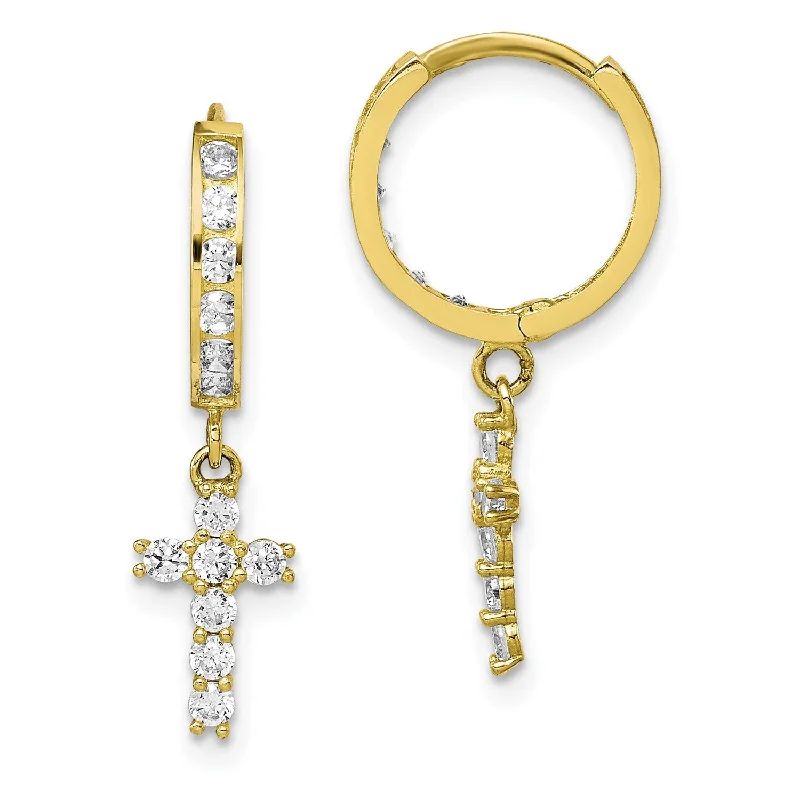 Women stackable earrings -10KT Yellow Gold Cubic Zirconia Hinged Hoop Cross Earrings