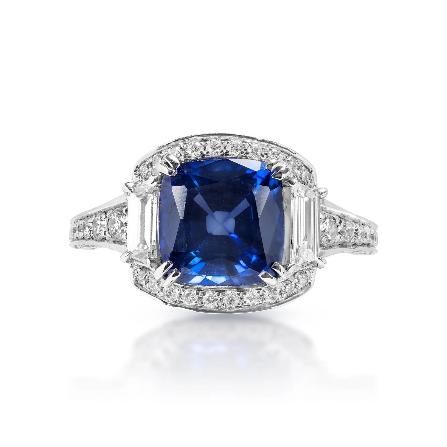 Women vintage rings -Daphne 4 Carat Vintage Inspired with Step Cut Blue Sapphire Ring in 18K White Gold