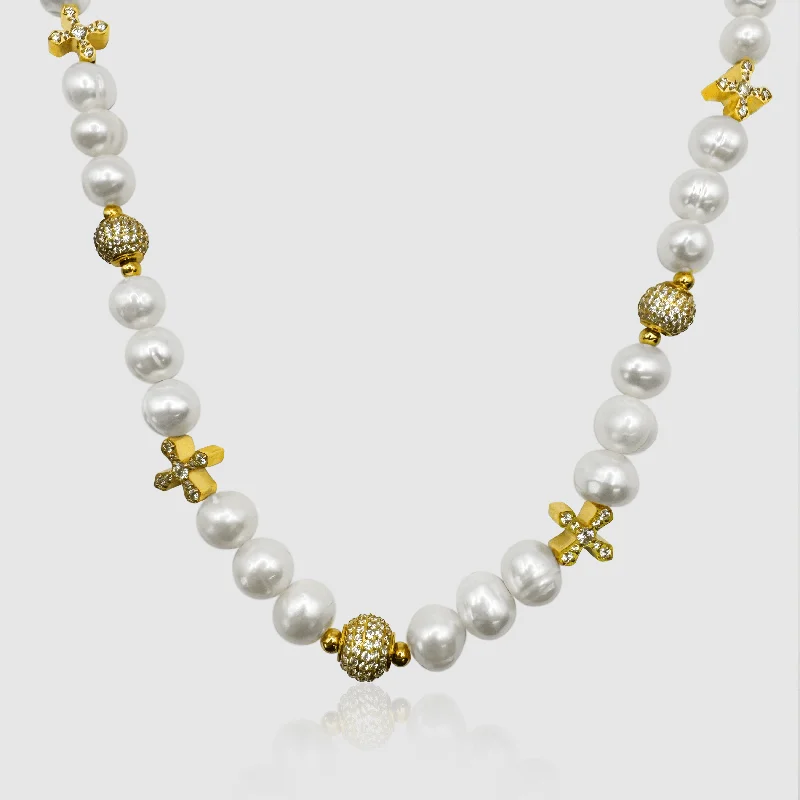 Pearl and gold necklaces for women -Iced Cross Real Pearl Necklace (Gold)