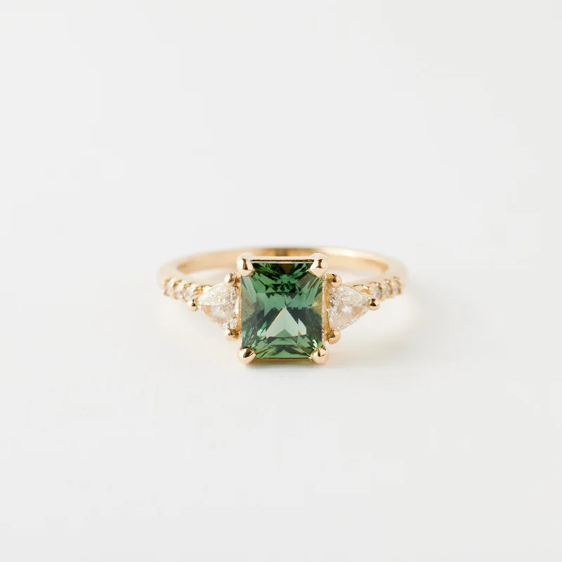 Sleek gold engagement rings for women -Portia Ring - 2.06 Carat Green-Teal Radiant Sapphire