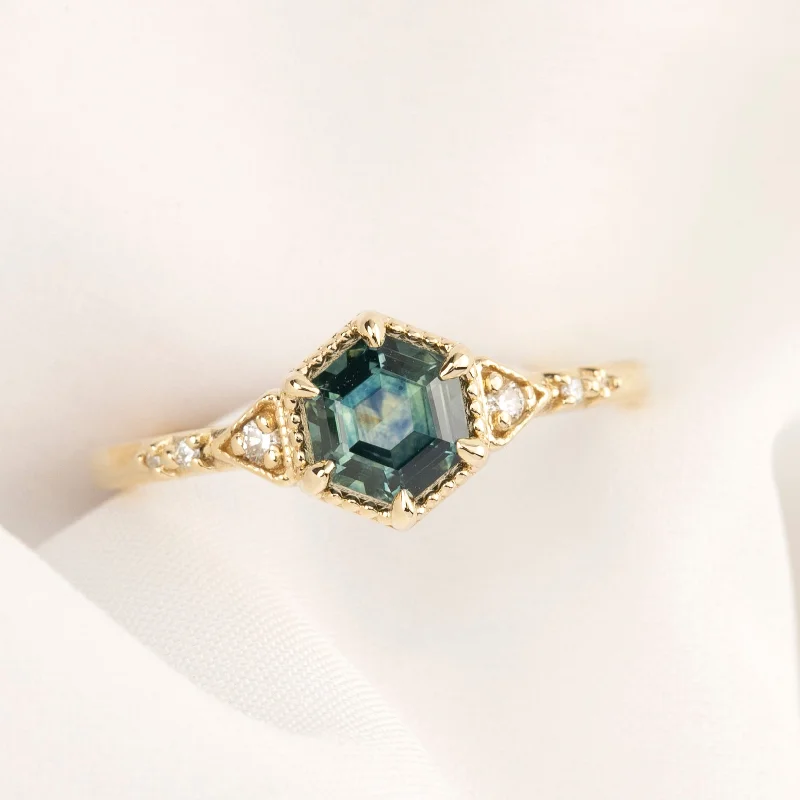 Floral charm engagement rings for women -Agatha Ring Parti Blue Green Montana Sapphire, 14k Yellow Gold (One of a kind)