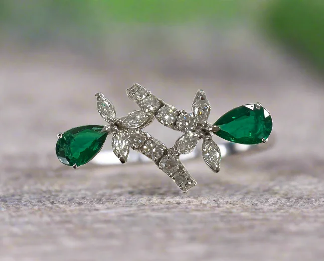 Women engagement rings -Bernadette 2.83 Carats Pear Cut Emerald Gemstone Flower Ring in 18K White Gold By Mike Nekta NYC