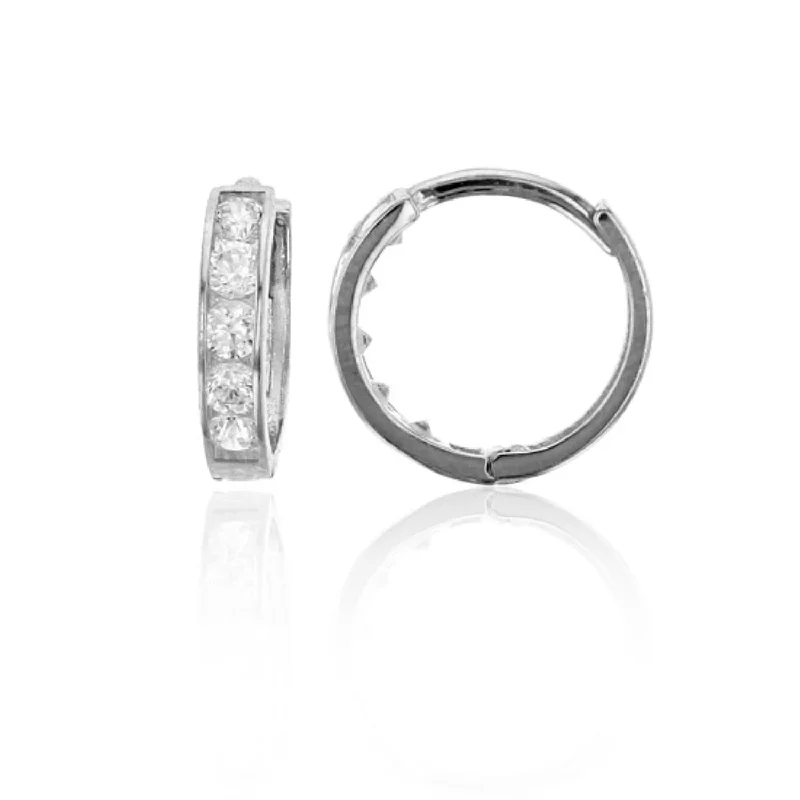 Women gold hoop earrings -14KT White Gold Cubic Zirconia 2X10MM Huggie Earrings