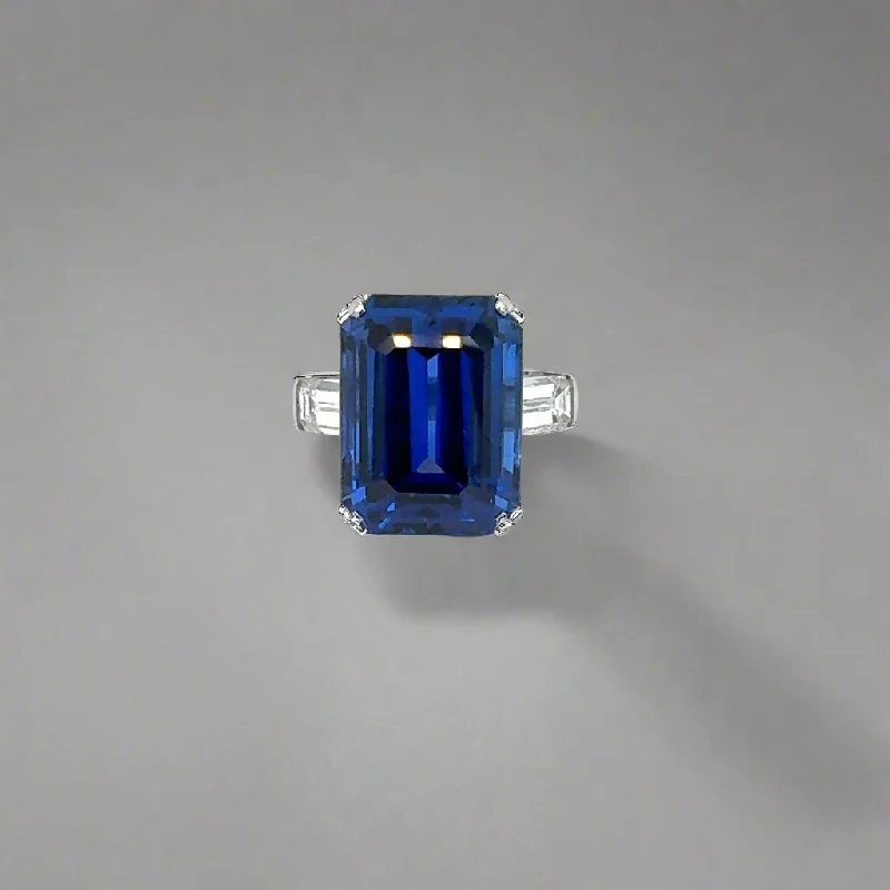 Women fashionable gemstone rings -Emory 25 Carat Emerald Cut Blue Sapphire Ring in 18 Karat White Gold AGL Certified