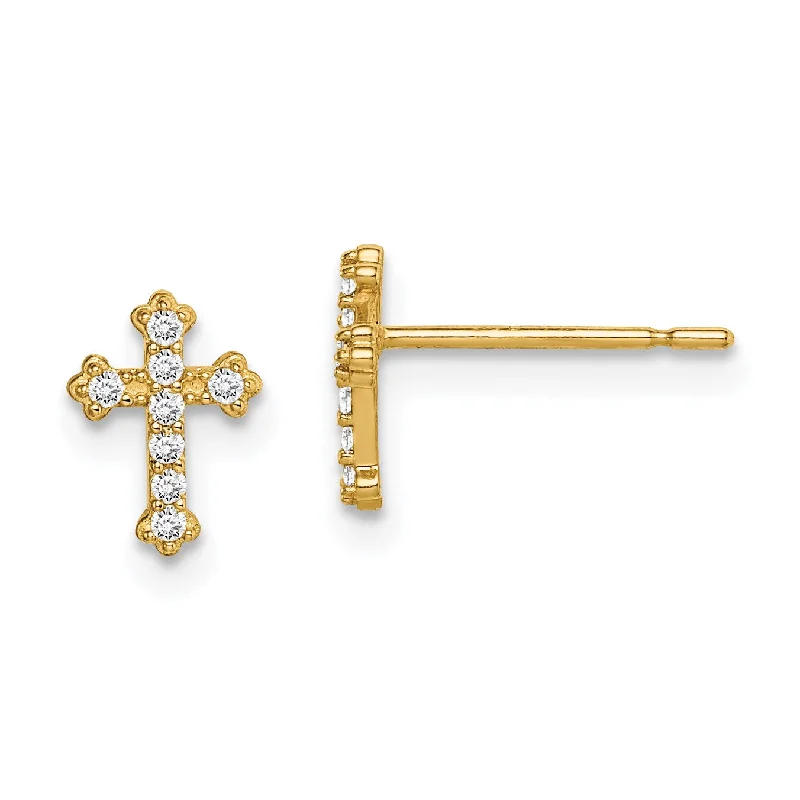 Women rose gold earrings -14KT Yellow Gold Cubic Zirconia Childrens Cross Stud Earrings