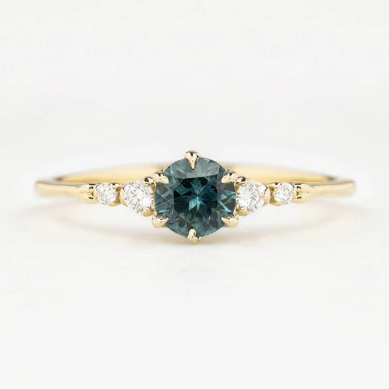 Rose gold cuff engagement rings for women -Estel Fleur Six Prongs Ring 5mm Teal Blue Green Round Queensland Sapphire 14K Yellow Gold