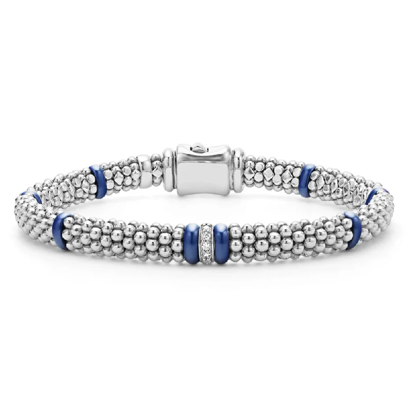 Women leather bangles and bracelets -Lagos Blue Caviar 6mm Single Station Diamond Caviar Bracelet