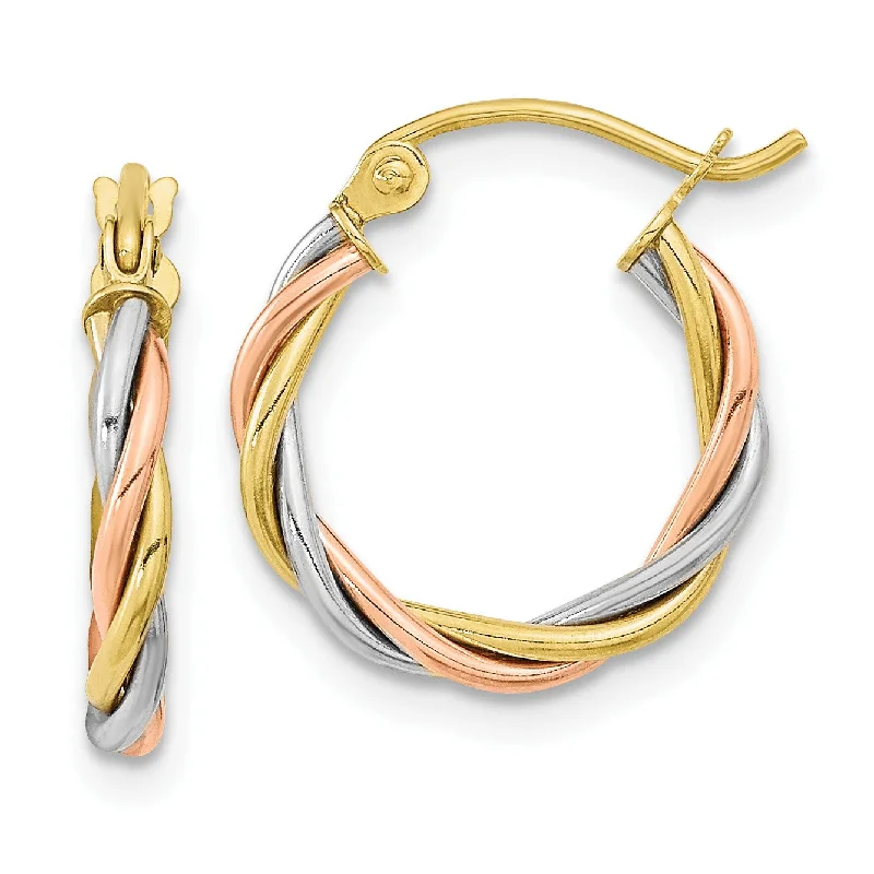 Women stud earrings -10KT Gold Tri-Color 2.5X15MM Twist Hoop Earrings