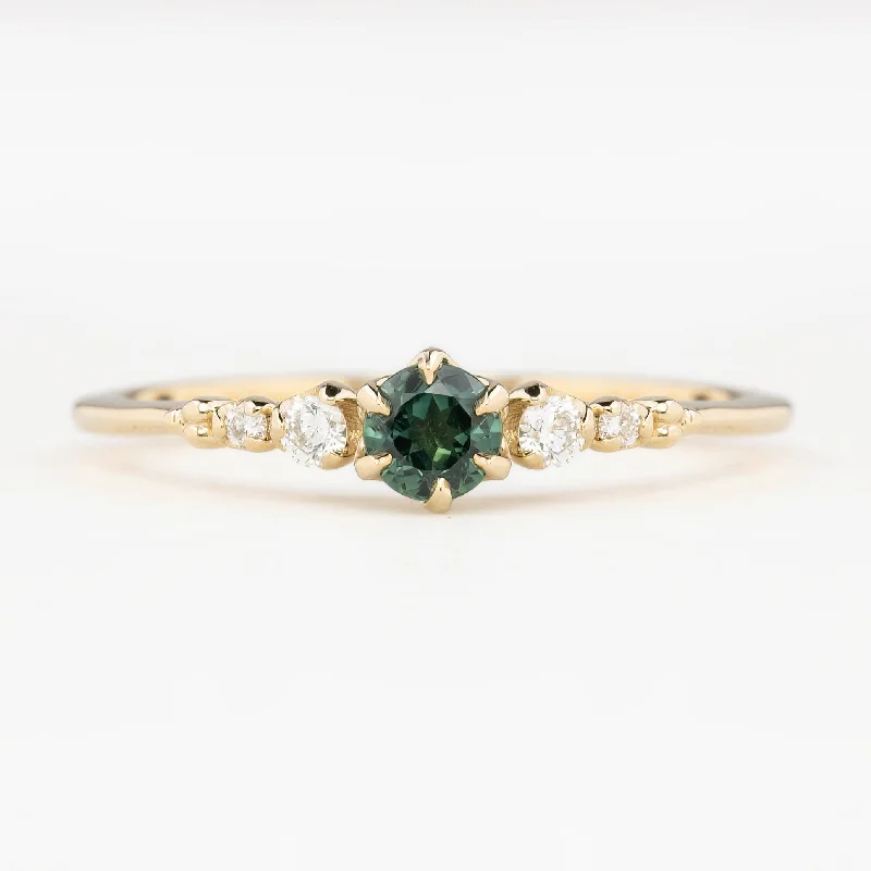 Geometric engagement rings for women -Estel Fleur Six Prongs Ring 4mm 0.30ct Blue Green Round Queensland Sapphire, 14K Yellow Gold