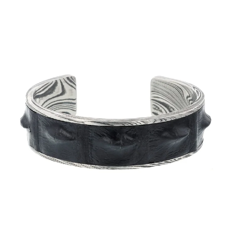 Women sterling silver bangles and bracelets -Black Crocodile Damascus Steel Cuff Bracelet