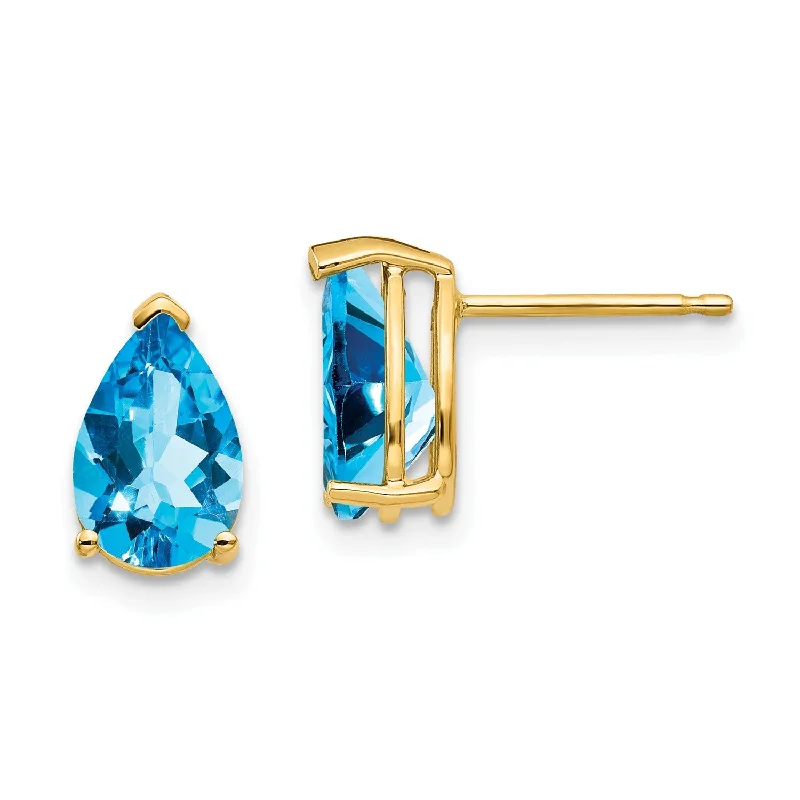 Silver earrings for women -9X6MM Pear Swiss Blue Topaz Stud Earrings in 14KT Yellow Gold