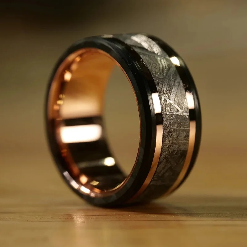 Women bold rings -Meteorite and Carbon Fiber Ring with Rose Gold Liner