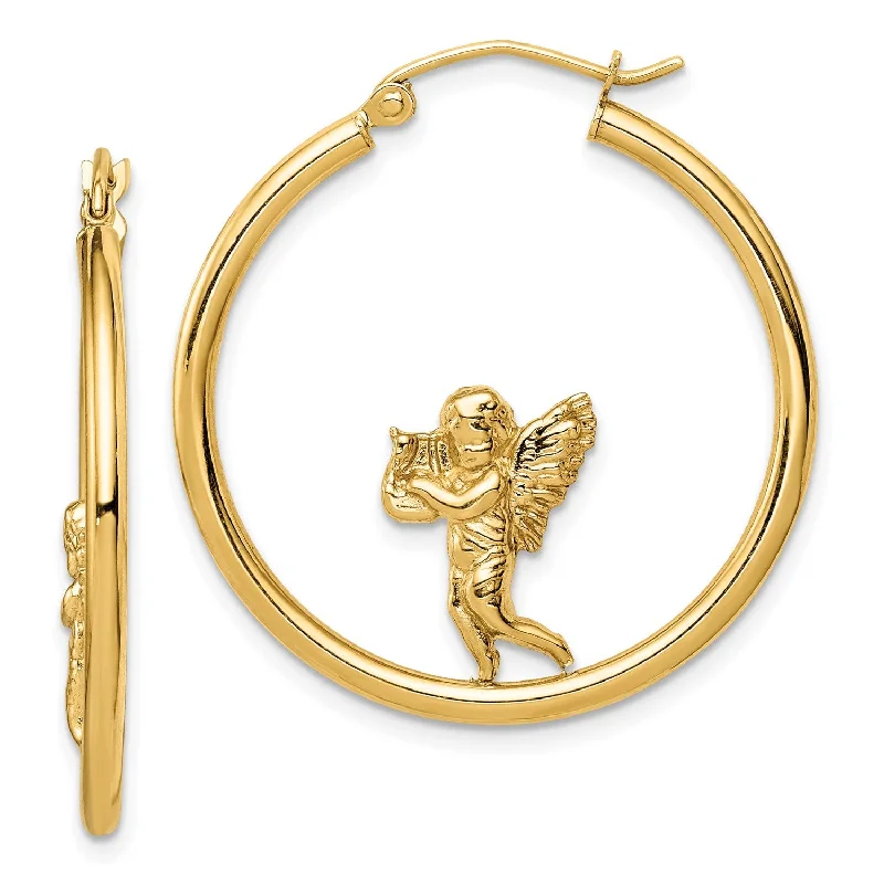 Women modern earrings -14KT Yellow Gold Angel Hoop Earrings