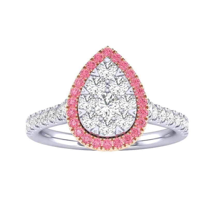 Women double band rings -1ctw Pink Lab Grown Diamond Halo Ring