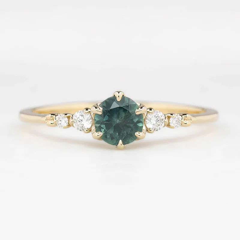 Adjustable leather engagement rings for women -Estel Fleur Six Prongs Ring 4.75mm 0.60ct Peacock Green Round Montana Sapphire 14K Yellow Gold