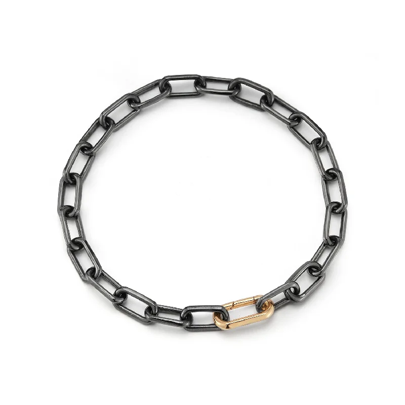 Women handmade bangles and bracelets -SAXON BLACK RHODIUM LINK BRACELET WITH 18K ROSE GOLD ELONGATED SPRING LOADED CLASP