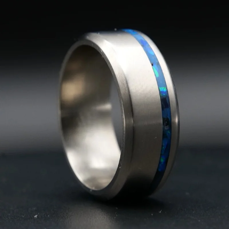 Women engraved rings -Titanium Glowstone Ring | Offset Inlay Ring with Crushed Opal