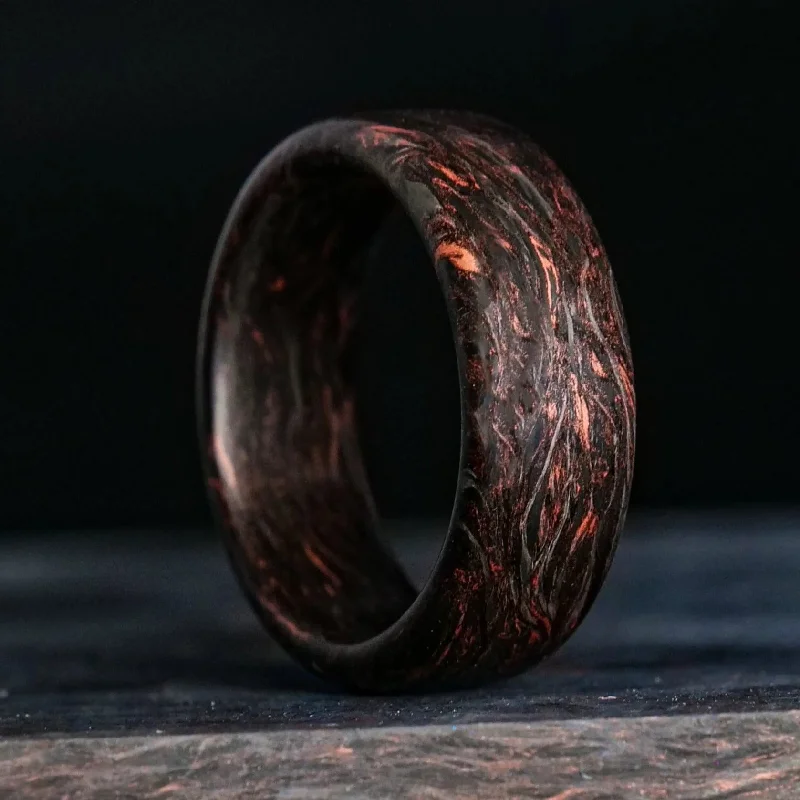 Affordable rings for women -Copper Burl Carbon Fiber Ring