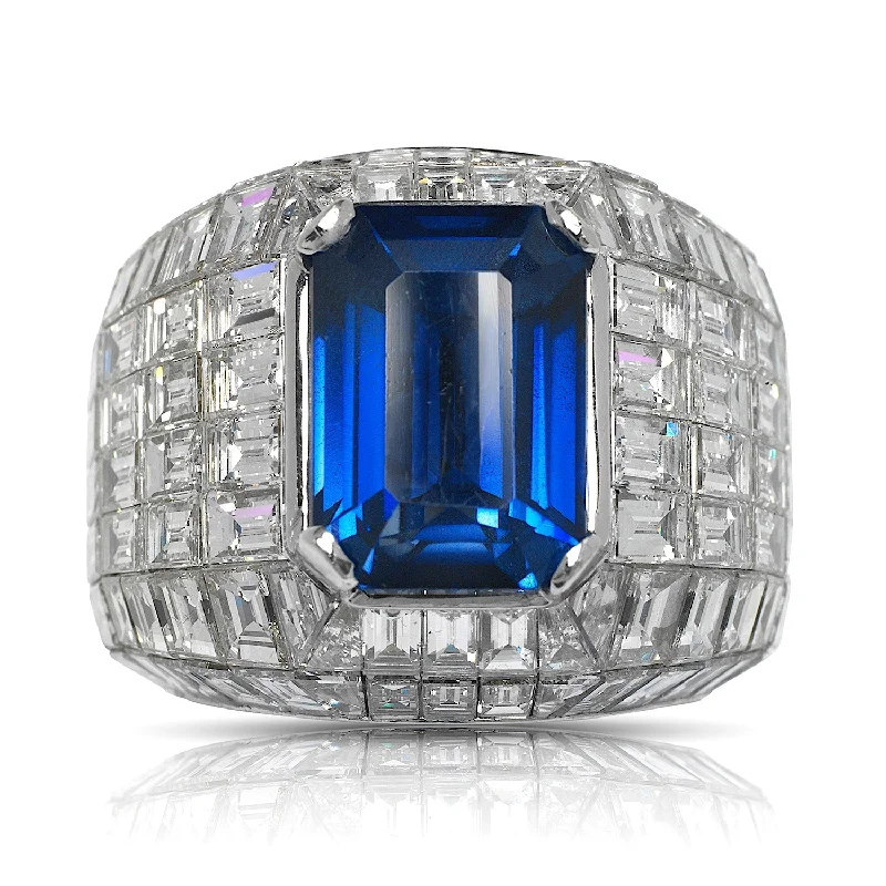 Women stacking gemstone rings -DROGON 30 CARAT MEN’S SAPPHIRE AND DIAMOND CHANDELIER RING 14K WHITE GOLD. 8 CT CEYLON ROYAL BLUE EMERALD CUT SAPPHIRE BY MIKE NEKTA