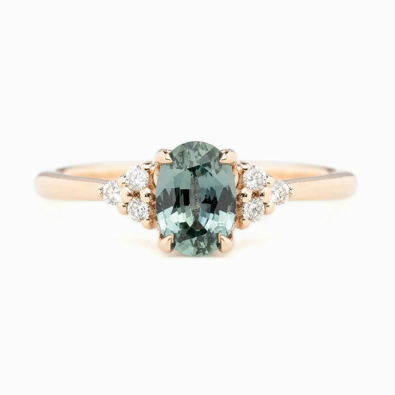 Floral engagement rings for women -Teresa Ring 0.86ct Blue Green Madagascar Sapphire, 14K Rose Gold (One of a kind)