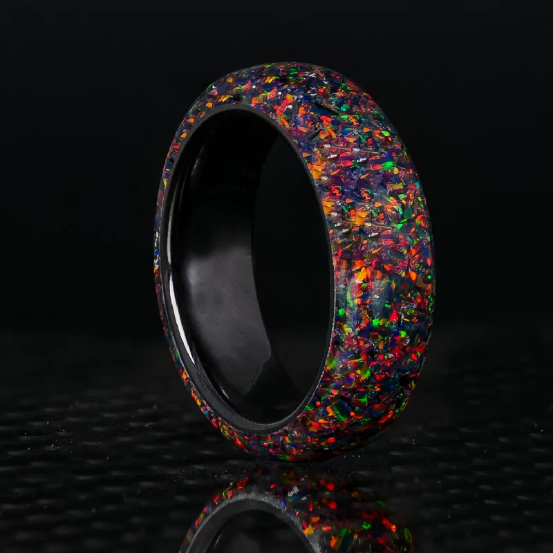 Women rings with side stones -Black Fire Opal Dust Glowstone Ring