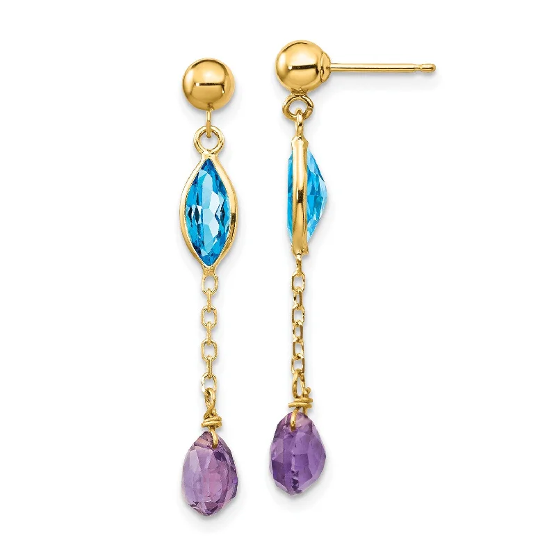 Custom earrings for women -14KT Yellow Gold Blue Topaz and Amethyst Earrings