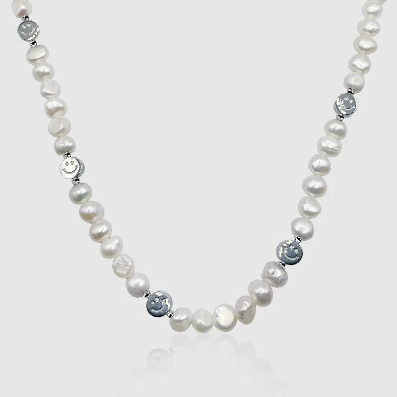 Chunky necklaces for women -Smiley Real Pearl Necklace (Silver)