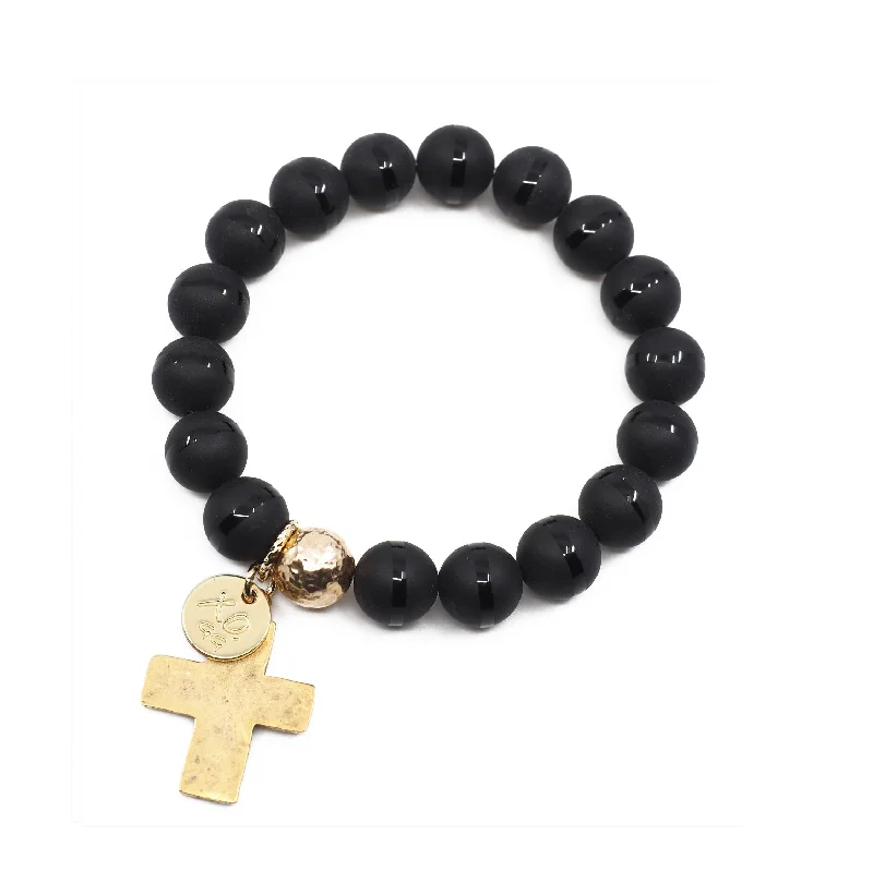 Women delicate bangles and bracelets -The Luna Bracelet in Black Onyx with Cross