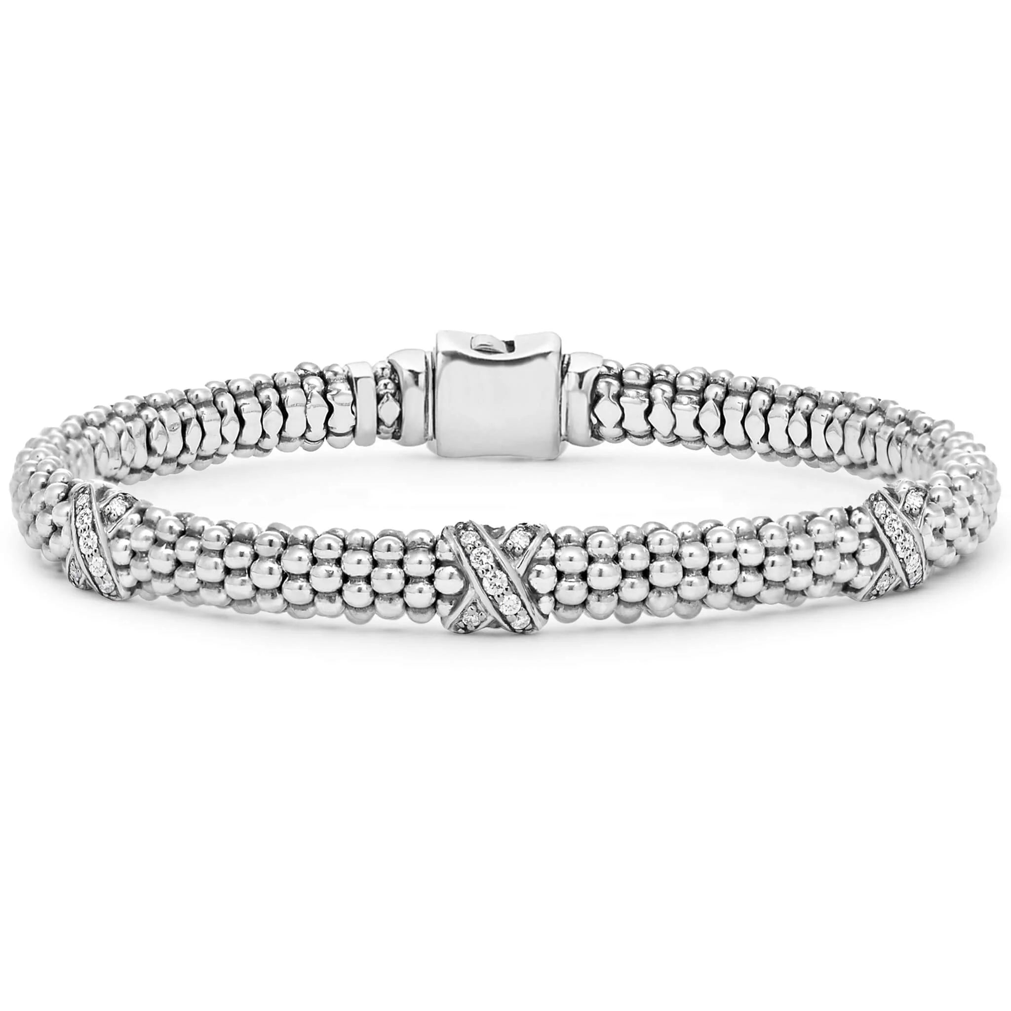 Women customized bangles and bracelets -Lagos Lux Three Station Silver X Diamond Bracelet 6mm