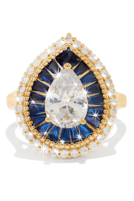 Women geometric rings -Ice Queen Gold Plated CZ Tear Drop Ring - Gold/Blue