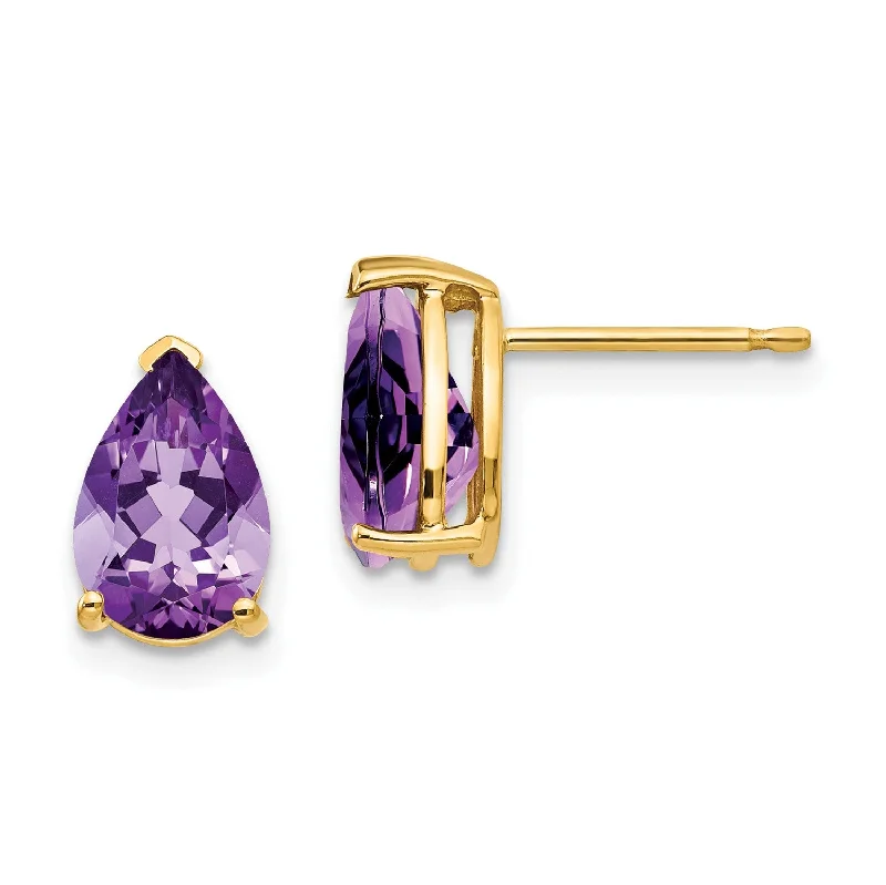 Women personalized earrings -9X6MM Pear Amethyst Stud Earrings in 14KT Yellow Gold