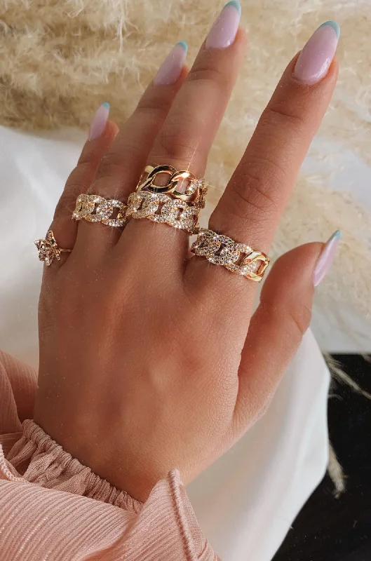 Women rings with side stones -Kyra Gold Plated CZ Pave Link Chain Ring - Gold