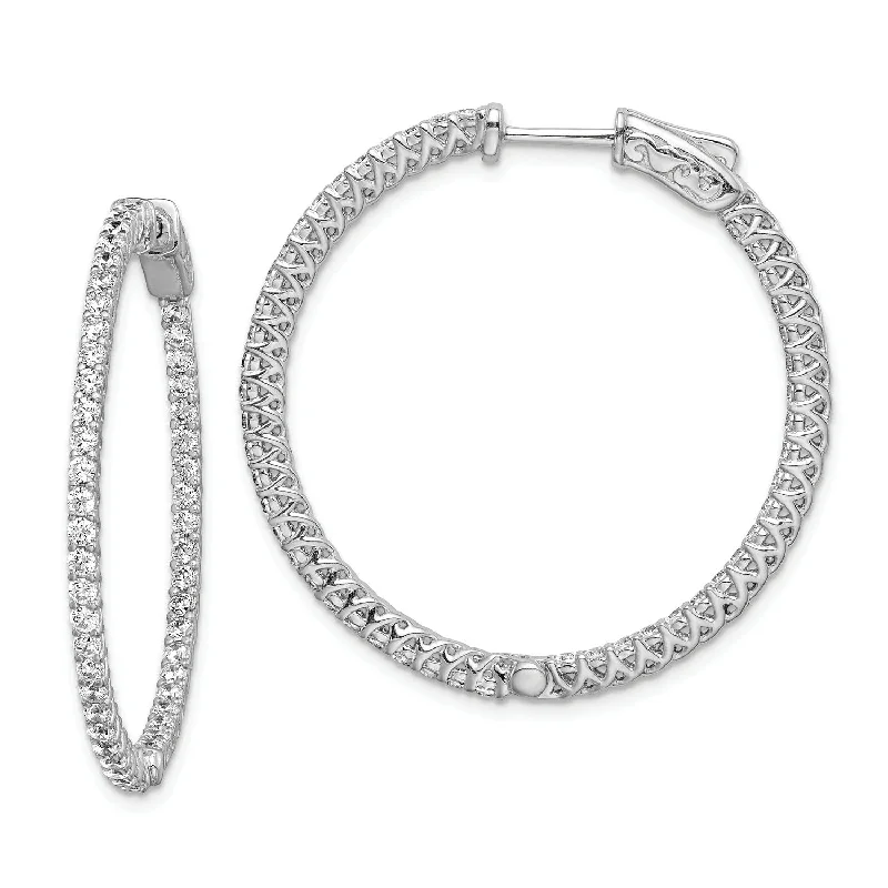 Diamond earrings for women -Sterling Silver Cubic Zirconia 30MM Safety Clasp In & Out Hoop Earrings