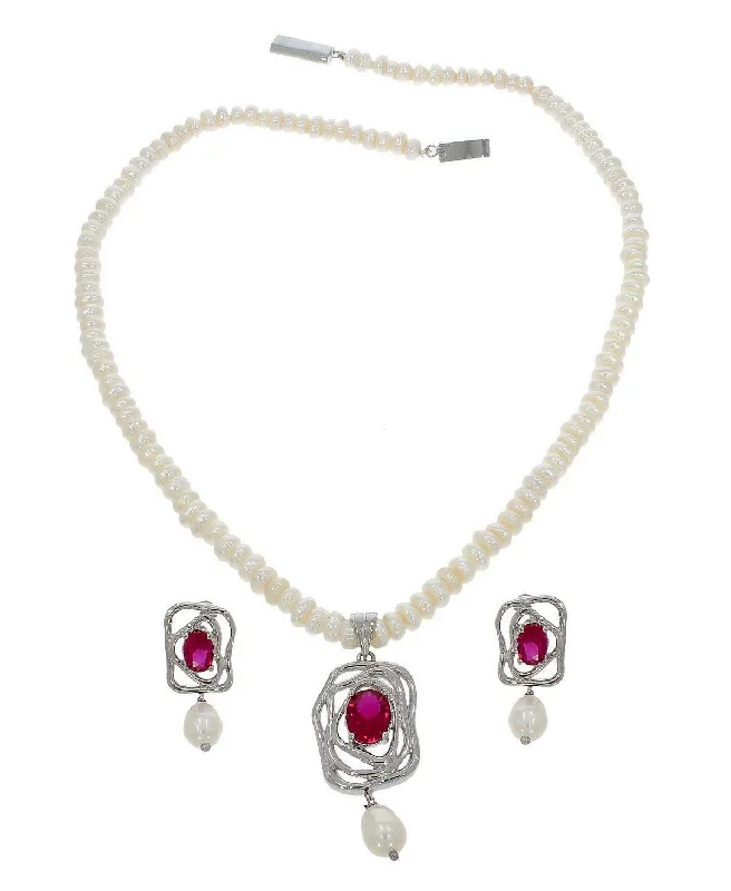 Affordable necklaces for women -Sterling Stone Studded Pearl Necklace Set